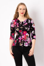 Shirt Liz mit weichem Wasserfallausschnitt in exklusivem Print SpringFlowerBlack